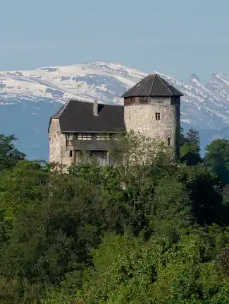 Zamek na wzgórzu w Vorarlbergu, blisko Szwajcarii, z panoramicznym widokiem